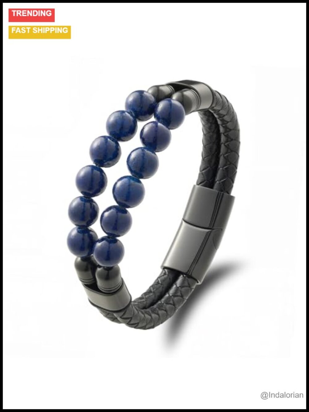 Men's Braided Leather Bracelet Natural Gemstone Double-Row Wristband Stainless